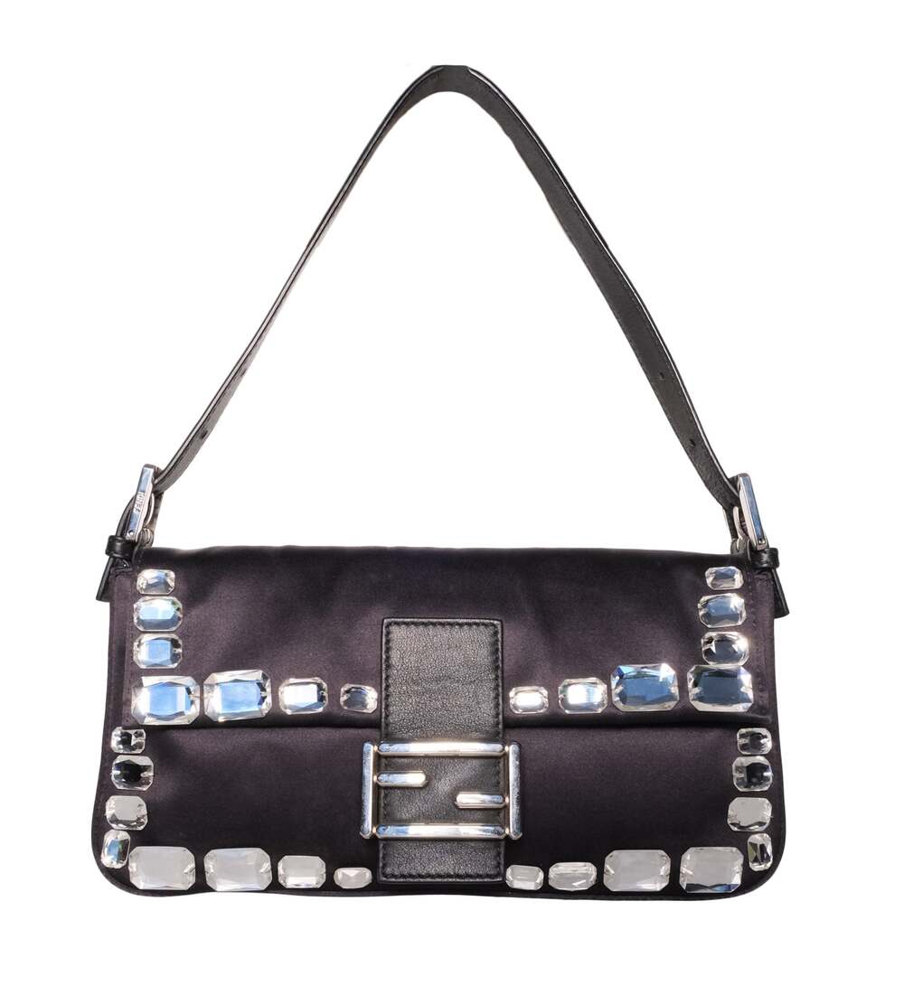 Fendi Black Satin Crystal Embellished Baguette